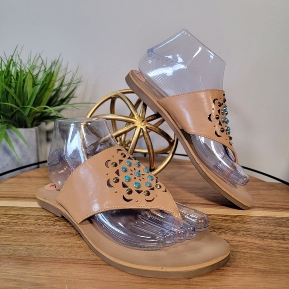 Lucky Brand 'Breese' Sandal Tan Thong with turquoise embellishments boho Size 7 - Picture 5 of 15